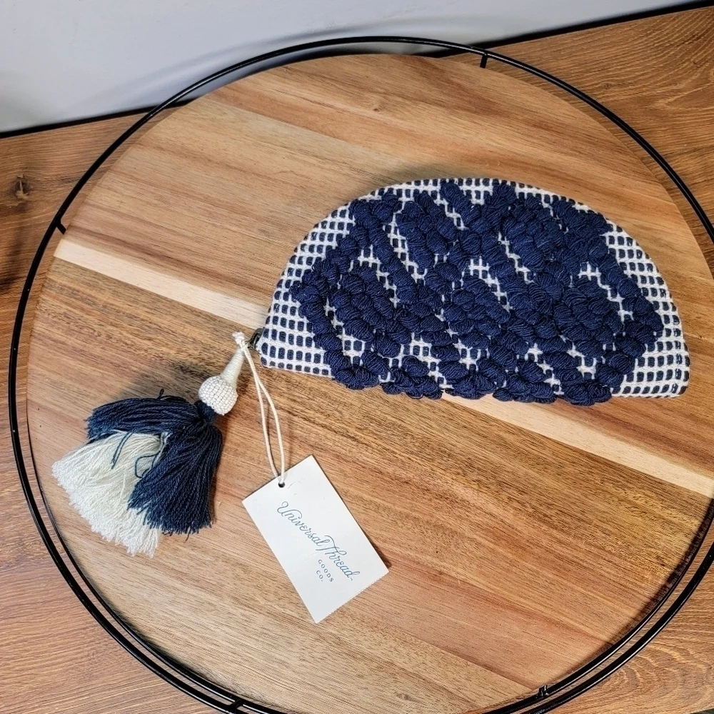 Universal Thread Blue Embroidered Boho Clutch with Beaded Tassel